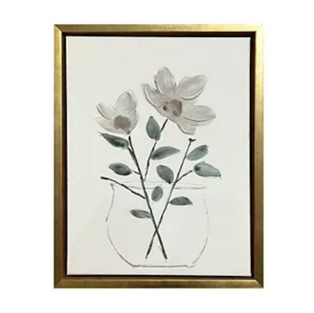 White & Green Floral Framed Canvas